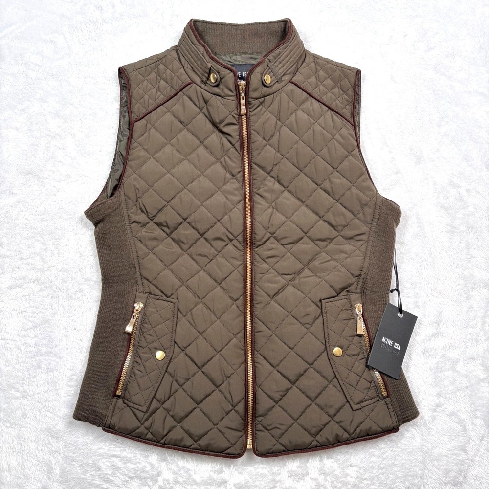NEW Quilted Padded Vest Women M Dark Olive Green Gold Zip Pockets Mock Neck Gift